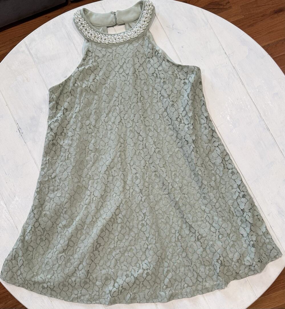 Altar’d State Lace Lined Dress Sage Green Pearl Halter Neck Sz S